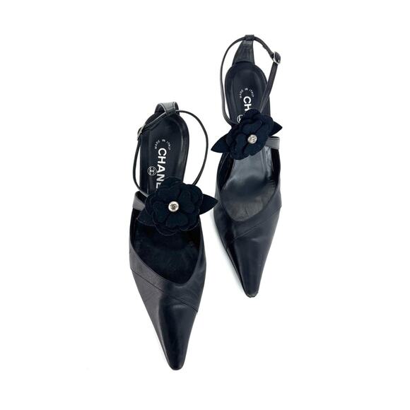 Chanel Retro Vintage CC Logo Camellia Slingback Ankle Strap Pointed Toe Pumps 40 - Picture 4 of 12